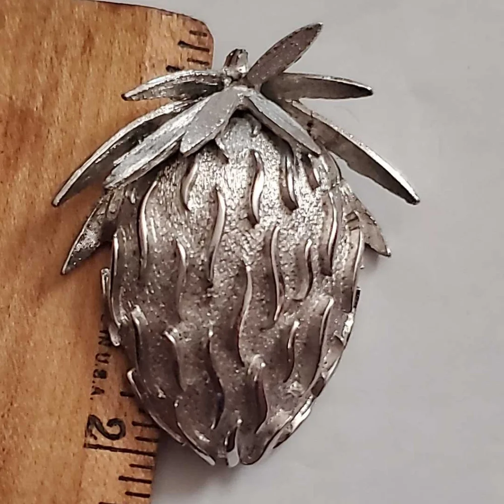 Mid Century 1960 Silver Tone Summer Strawberry Brooch Vintage Fashion Jewelry